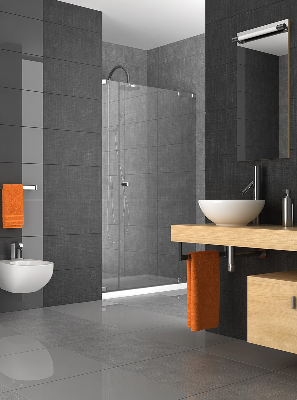 Tiled Bathroom With Wood Furniture